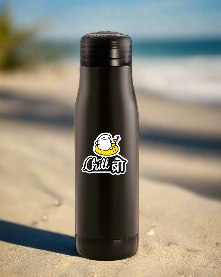 Black water bottle with a logo on a white background