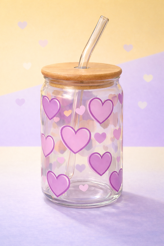 Pink & Purple Heart Glass Sipper – Bamboo Lid & Glass Straw