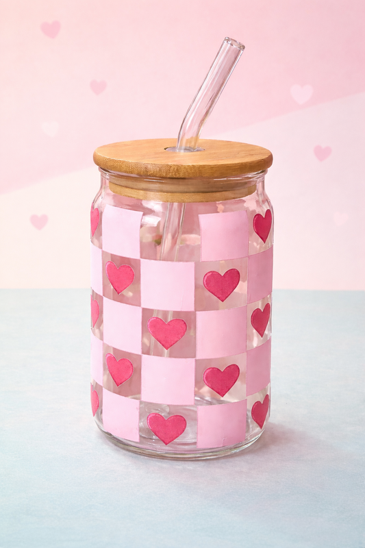 Chequered Hearts Glass Sipper – Bamboo Lid & Glass Straw